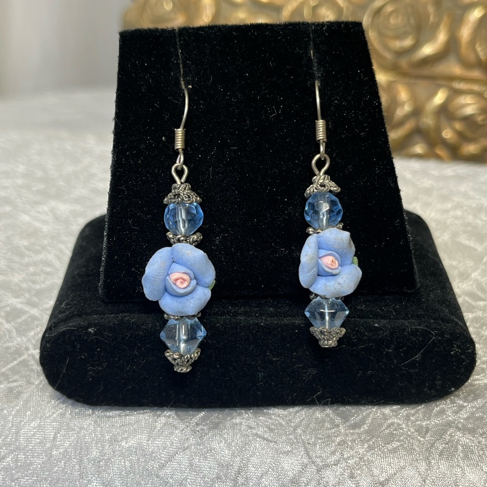 Vintage Elegant Blue Porcelain and Crystal Bead Earrings